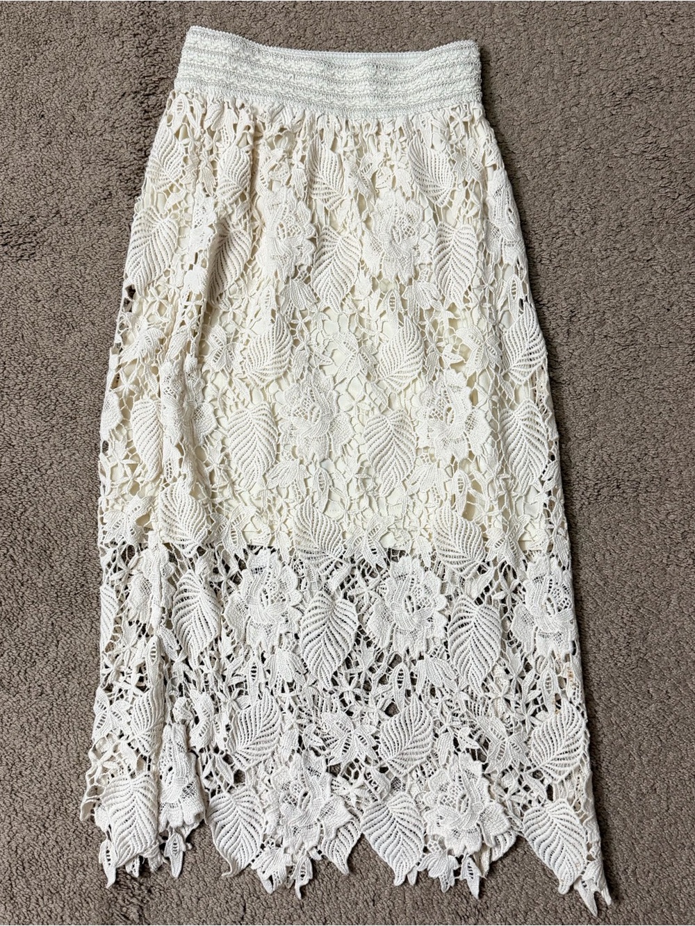 Bobeau elastic waistband leaf crochet lace midi skirt